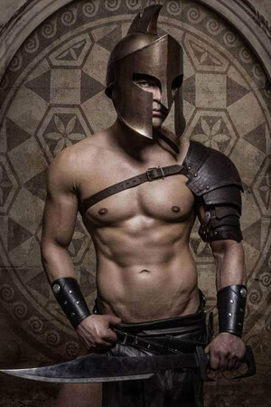 hens nude art model dressed as a shirtless roman gladiator in auckland's blockhouse bay