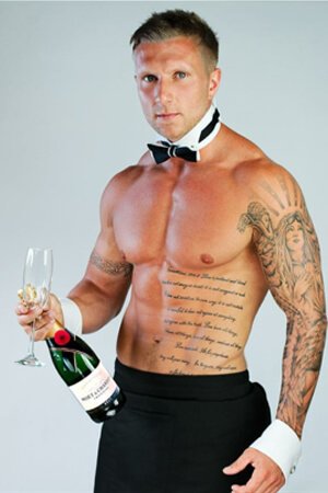 Hens Shirtless Barman Pouring Drinks in Auckland hens party topless waiter serving champagne in bumless apron, collar and cuffs